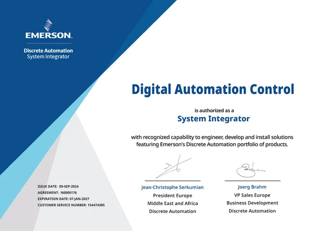 Emerson Discrete Automation System Integrator certificate for Digital Automation Control